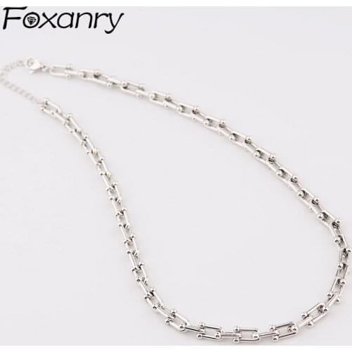 FOXANRY 925 Sterling Silver Necklace Couples Accessories Hip Hop Vintage Simple U Type Geometric Chain Thai Silver Party Jewelry