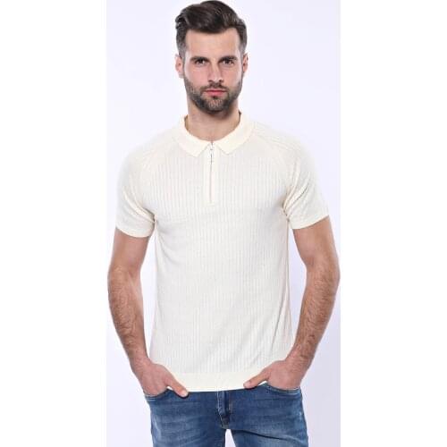 Polo Zippered Patterned Cream Knitted T-Shirt