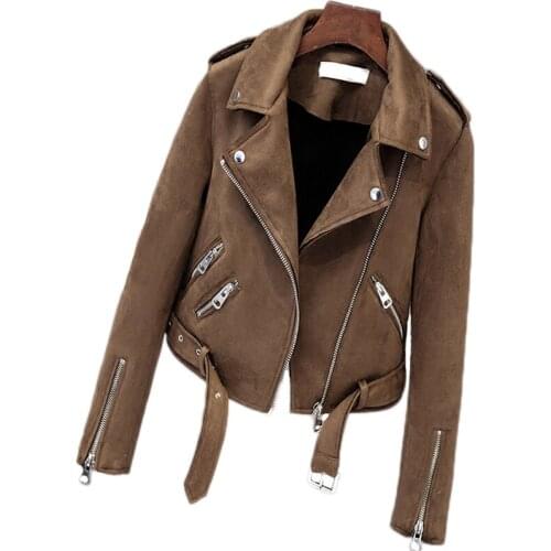 Spring Autumn Women Suede Motorcycle Jacket Faux Leather Coat Womens Slim Biker Jacket New Fashion Zipper Coat Female FM007