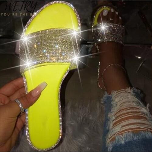 2020 new fashion women slippers popular bright color rhinestones sparkling flat sandals beach ladies slippers Beach shoes