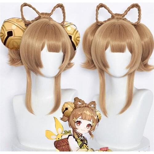 Genshin Impact Cosplay Yaoyao COS Wig Bow Split Tiger Mouth Clip Ponytail Short Hair Halloween Party Game Role Playing Fake Hair