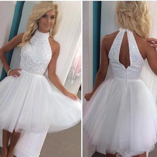High Collar Sleeveless Homecoming Dresses Beaded Sequins Zipper Back Vestidos De Festa Tulle Short Prom Gowns Party