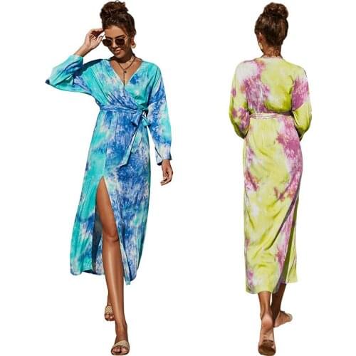 Bohemian Women Long Sleeve Tie-dye Print Rayon Long Dress Summer New Sexy V-neck Lace Up Sashes Decor Split Robe Maxi Vestidos