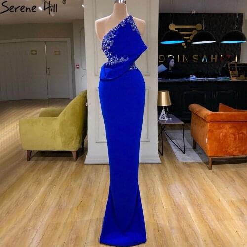 Serene Hill Royal Blue Mermaid Evening Dresses Gowns 2021 Satin Sexy Elegant Beading For Women Party LA70895