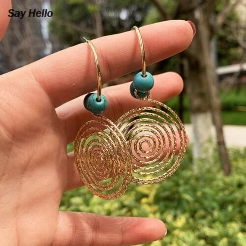 SAY Buy 1 get total 2 Big Round Pendant Drop Earrings for Women Metal Turquoises Stone Earrings Dangle Earrings Ohrring A0103