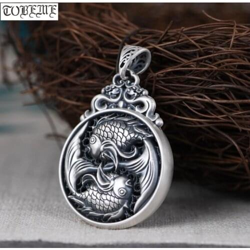 100% 990 Silver Tibetan Double Fish Pendant Pure Silver Buddhist OM Pendant Tibetan Six Words Pendant Good Luck Amulet