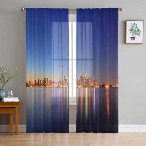 Night View City Building Tulle Curtains for Living Room Decoration Modern Chiffon Sheer Voile Kitchen Curtain