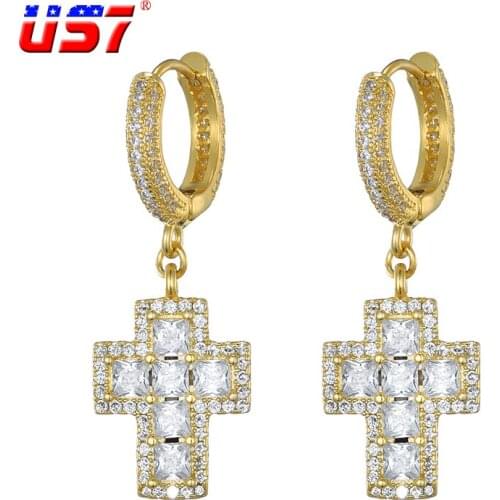 US7 Iced Out Square Baguette Cross Dangle Earrings for Men Hip Hop Jewelry Cubic Zircons Hinged Drop Earrings Gold Silver Color