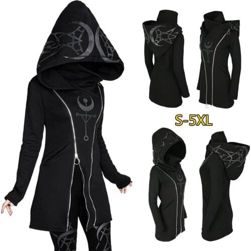 2020 Womens Punk Style Print Long Sleeve Hooded Double Zipper Hoodies Long Black Hoodie