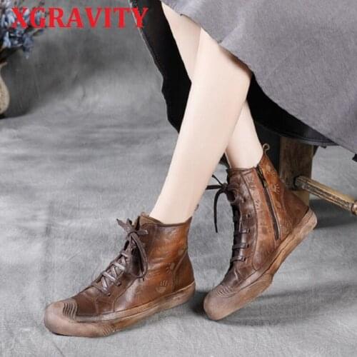 XGRAVITY S098 Original Hand-made New Round Toe Cow Genuine Leather Women Boots Casual Fashin Short Boots Flat Ankle Boots Ladies
