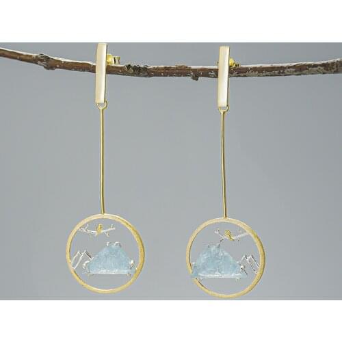 Sea Blue Natural Gemstone 925 Sterling Silver Earrings Personality Simplicity Long Silver Earrings Circular Earrings 2021 Female