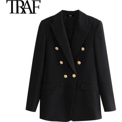 TRAF Women Fashion Double Breasted Black Blazer Coat Vintage Long Sleeve Pockets Female Outerwear Chic Veste Femme