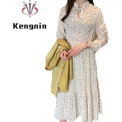 Spring 2020 New Women Vestidos Plus Size 4XL Chiffon Dot print Dress Bohemian Bow Ladies Robe Long Sleeve Dress Brand Clothes