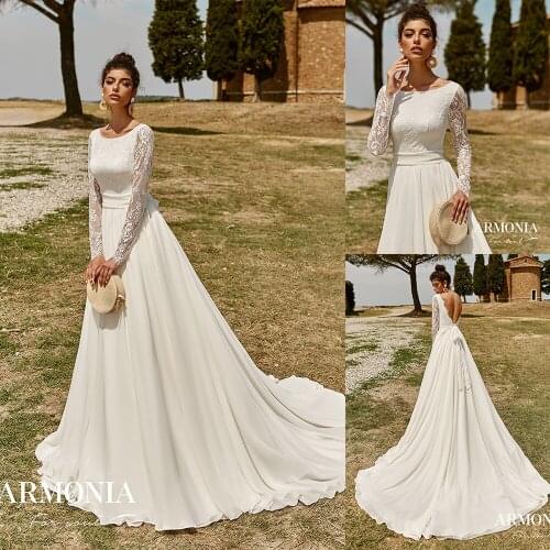 2020 Garden Wedding Dresses Jewel Neck Sweep Train Long Sleeve Boho Wedding Dress Bohemian A Line Bridal Gowns Vestidos De Novia
