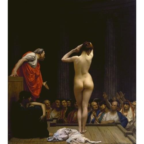 100% HAND PAINTED Dream-art Oil painting A Roman Slave Market - nude young girl standing & buyers