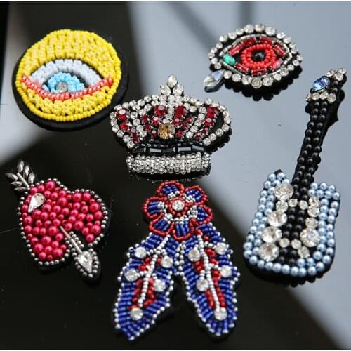 3D Handmade Rhinestone Melody crown guitar leaf beaded Patches Sew on patch for clothing beading Applique cute patch