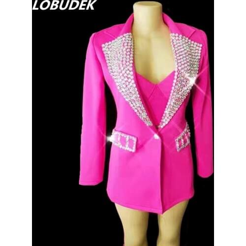Bra+Shorts+Coat) Women 3-Pieces Set Crystals Suit Dance Outfit Singer Dancer Concert Stage Wear Nightclub Bar DJ Dance Costume