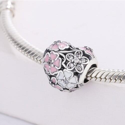 For Pandora 925 Sterling Silver European Pink Enamel Heart Charms Sterling Silver Flower Charm Beads Charm Bracelet DIY Jewelry