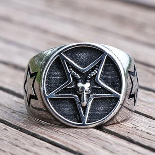 Gothic Goat Pentagram Satanic Signet Ring Mens Stainless Steel Punk Biker Rings Unique Male Satan Demon Baphomet Ring