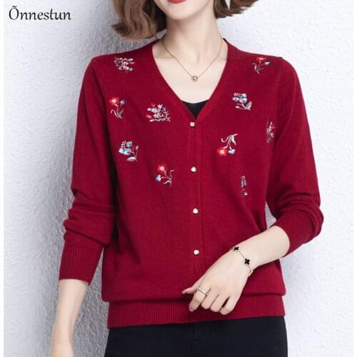 Embroidered Floral Cardigans Sweater Women New Autumn Spring Long Sleeve Knitted Sweaters V Neck Cardigan Women