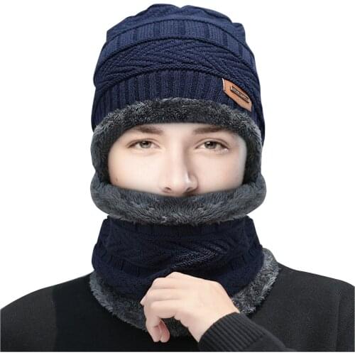 Coral Fleece Scarf Hats Winter Beanies Soft For Mens Black Warm Breathable Wool Knitted Winter Hat Two-piece Suit