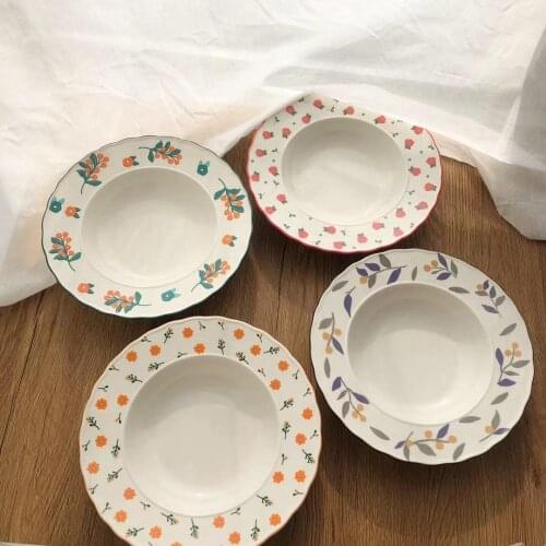 Korean Retro Breakfast Western Plate Simple Pasta Plate Household Ceramic Soup Dish Salad Fruit Deep Plate Straw Hat Plate