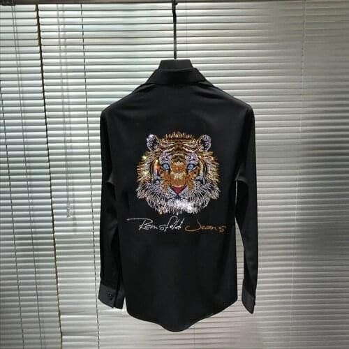 Breathable High-Quality Mens Shirt With Personality Design 3D Tiger Hot Drilling Brand Casual European Fashion Long Sleeve