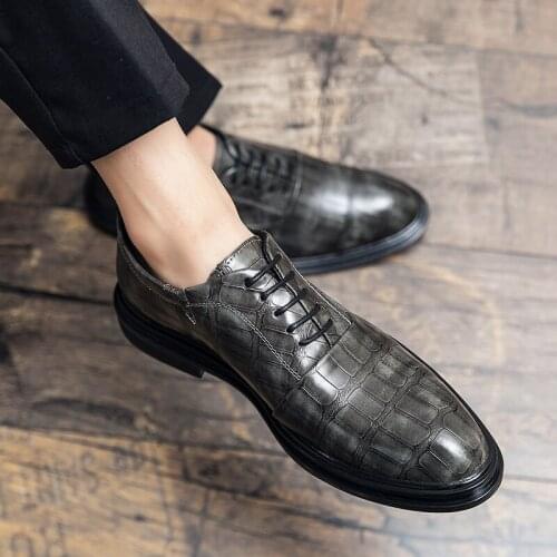Mens Lace-up Crocodile Pattern Leather Business Shoes Men British Retro Dress Shoes Mens Fashion Party Wedding Flats Oxfords