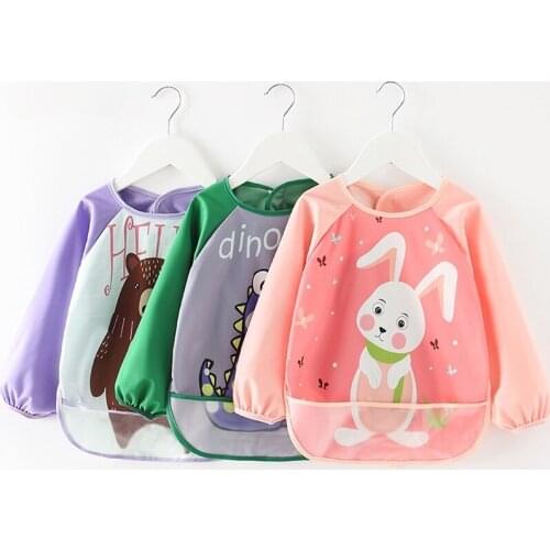 Cute Cartoon Baby Bibs Waterproof Infant Eating Bib with Pocket Children Drawing Long Sleeve Apron Kids Burp Cloth Baby Stuff