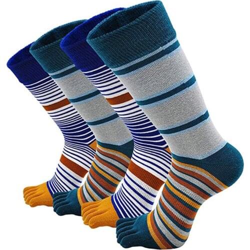 5 Pairs Cotton Long High Tube Five Fingers Socks Mans Striped Calf Socks Men Fashion Business Compression Party Dress Toe Sokken
