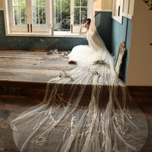New Arrive Luxury Two Layer Wedding Veil with Sequined Lace Stunning Long Bridal Veils with Comb AX2020
