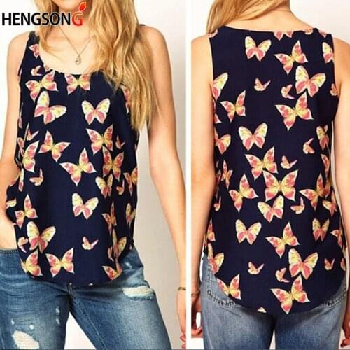 New Fashion Women Chiffon Tanks Vest Butterfly Printed Female Camis Ladies Female O-neck Tops Sleeveless Woman Tees