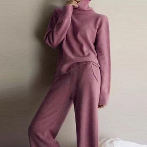 Solid Autumn Knitted Two Piece Sets Women Turtleneck Pullover + Pocket Pants Pajamas Set Winter Warm Soft Simple Home Wear Suits