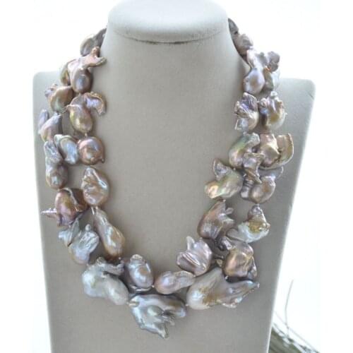 P7713 2Row 18" 29mm Lavender Baroque Keshi Pearl Necklace CZ