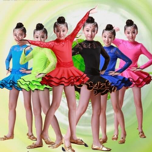 Long Sleeve Latin Dance Dress Children Girls Ballroom Dance Dresses Girl Samba Dress Modern Dance Costumes for Kids Club Dresses