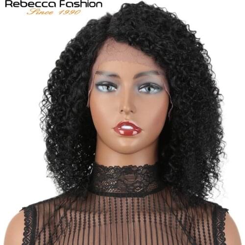 Rebecca Lace Frotal wigs Afro Curly Hair Wig for women Short Bob Curly Pre Plucked Bleached Knots Peruvian human Remy hair Black