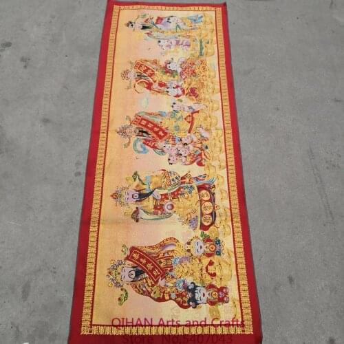 Five road God of wealth portrait Zhaocai town house banner Tibetan Thangka embroidery hanging painting gold silk brocade silk wo