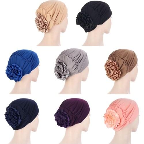 Big Flower Women Turban Hat Muslim Headscarf Pile Heap Cap Women Soft Comfortable Hijab Caps Islamic Chemotherapy Hat