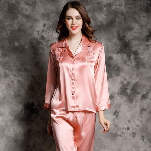 Silk Pajamas Womens Spring And Autumn 100% Mulberry Silk Sexy Lace Two-Piece Home Service Long-Sleeved Silk Womens Suit
