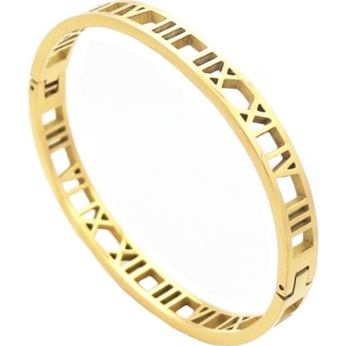 Titanium Steel Bracelet 2021 Roman Numerals Jewelry Yellow-Gold-Color Hollow Out Bangle for Women