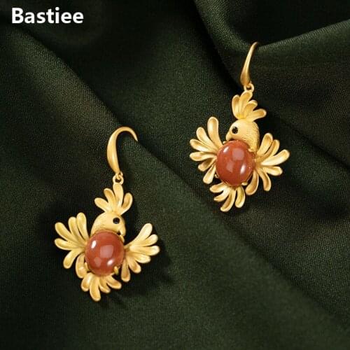 Bastiee Bird Parrot Drop Earrings For Women Silver 925 Jewelry Luxury Gifts Earings Gold Plating Red Agate