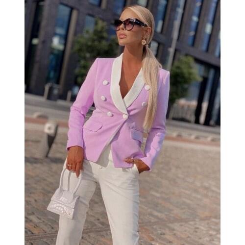 High Quality Woman Fashion Blazer Light Purple Hit Color Notched Long Sleeve White Double Breasted Office Lady Style Vintage