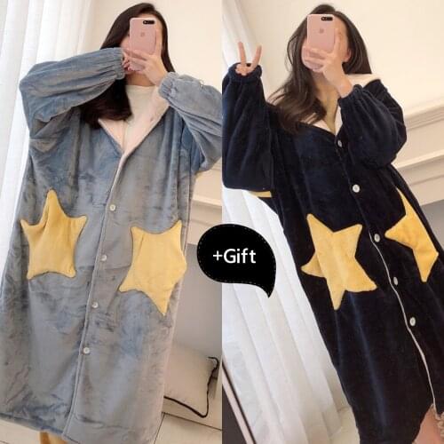 Womne Flannel Pajamas Bath Robe Sleepwear Star Robe Bathrobe Sexy Thick Warm Female Robe Dressing Gowns Nightgown Pajamas