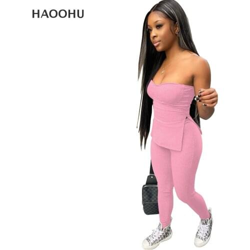 Women Outfits Adogirl Solid Color Ribbed 2 Piece Set Women Slash Neck Strapless Top + Pencil Pants Streetwear Summer Clothes