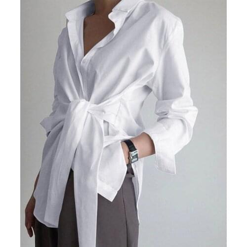 Women Casual Loose Shirt Blouse Solid Color Long Sleeve Turn-Town Collar Tie Front Shirt Spring Fall Elegant Office Lady Clothes