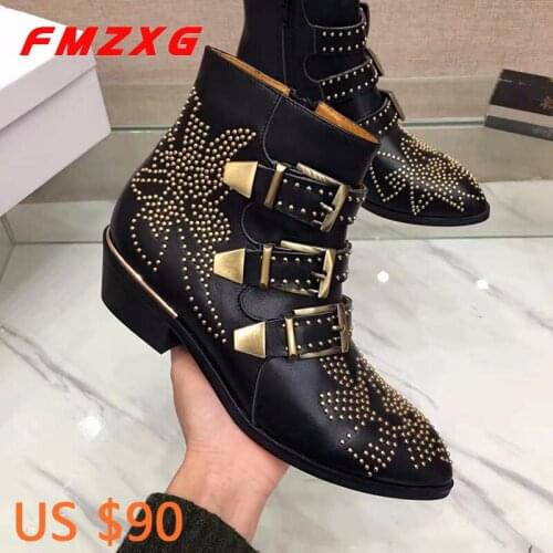 High Quality Genuine Leather Ankle Boots For Women Leisure Boots Chain Motorcycle Boots Sexy Flats Platform Fashion Rivet Boots