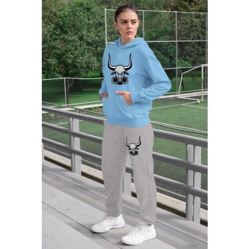 Angemiel Wear Gas Masker Bull Women Tracksuit Set Blue Hooded Sweatshirt Gray Sweatpants