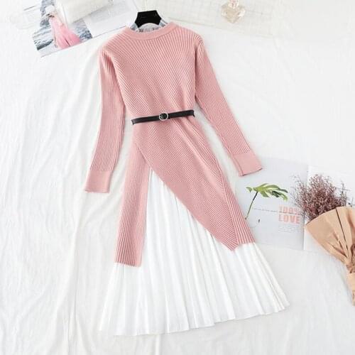 Autumn Winter 2 Piece Set Knitted Dress Women 2020 Vintage Long sleeve Sweater pullover and Sweet Tank Pleated Midi Dresses