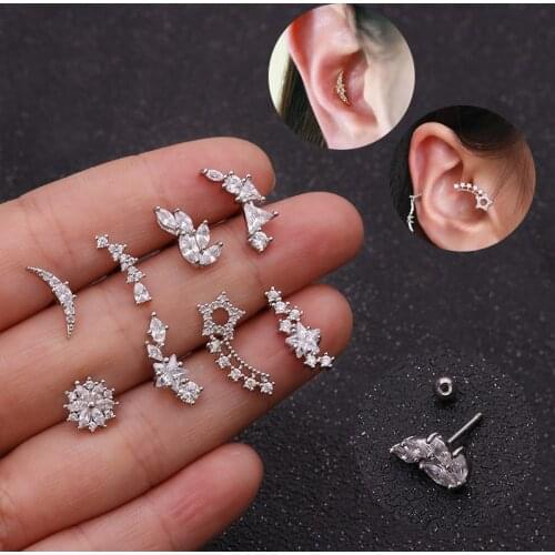 Star Snowflake Flower CZ Ear Piercing Cartilage Helix Tragus Stud Earring Body Jewelry