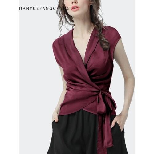 100% Real Silk Sexy Deep V Neck Summer Tops Shirts Women Plus Size Ladies Office Tops Blouses Lace-up Short Sleeve Women Clothes